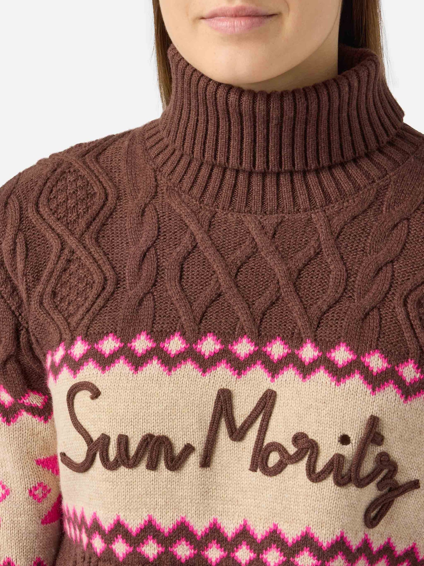 Brown braided Anton sweater with half turtleneck