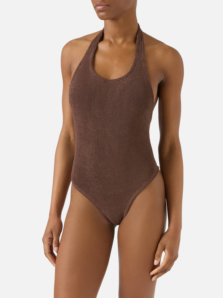 Costume intero Aria in tessuto crinkle marrone