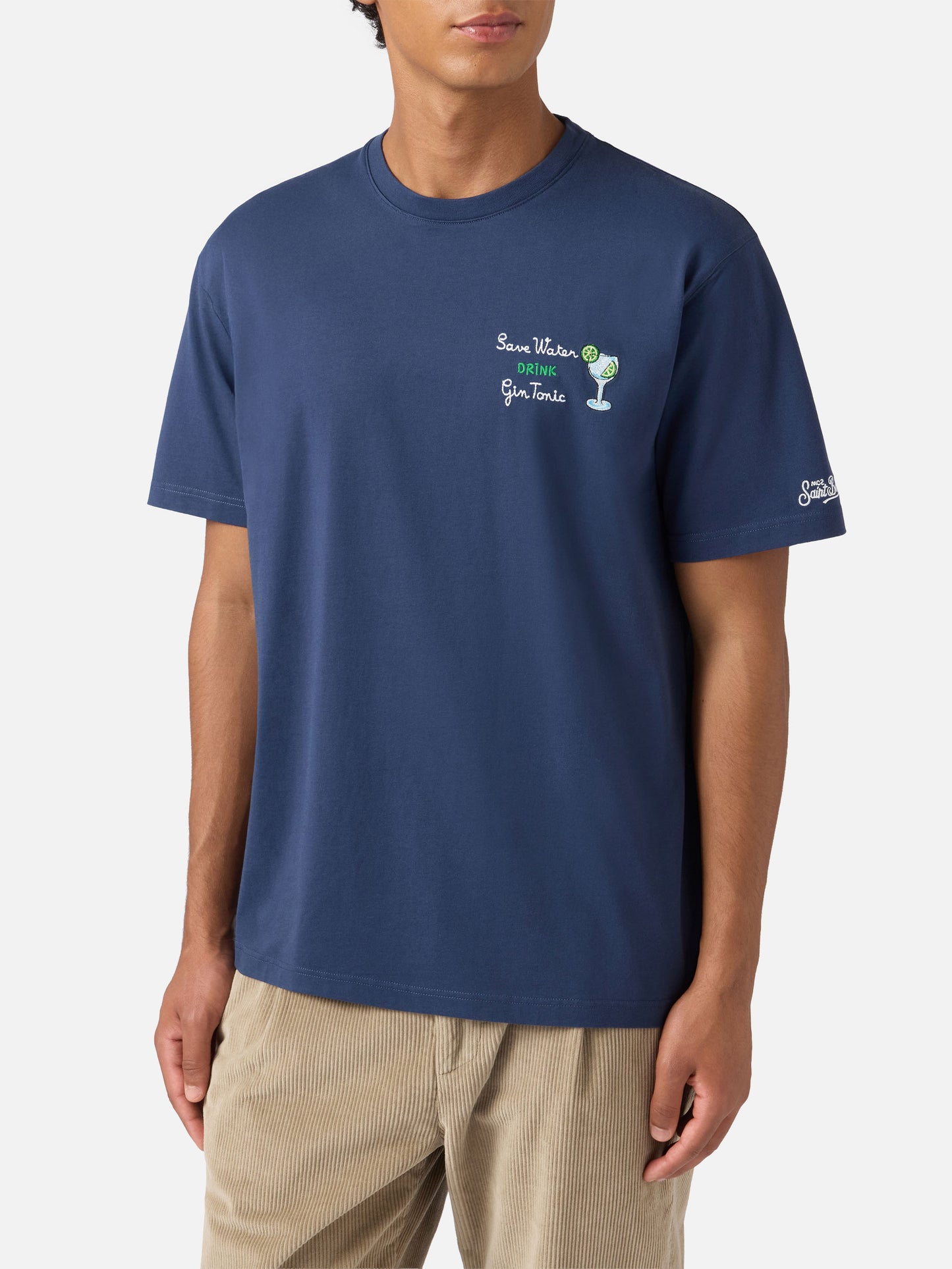 Arnott cotton T-shirt in blue with Save water drink Gin Tonic embroidery