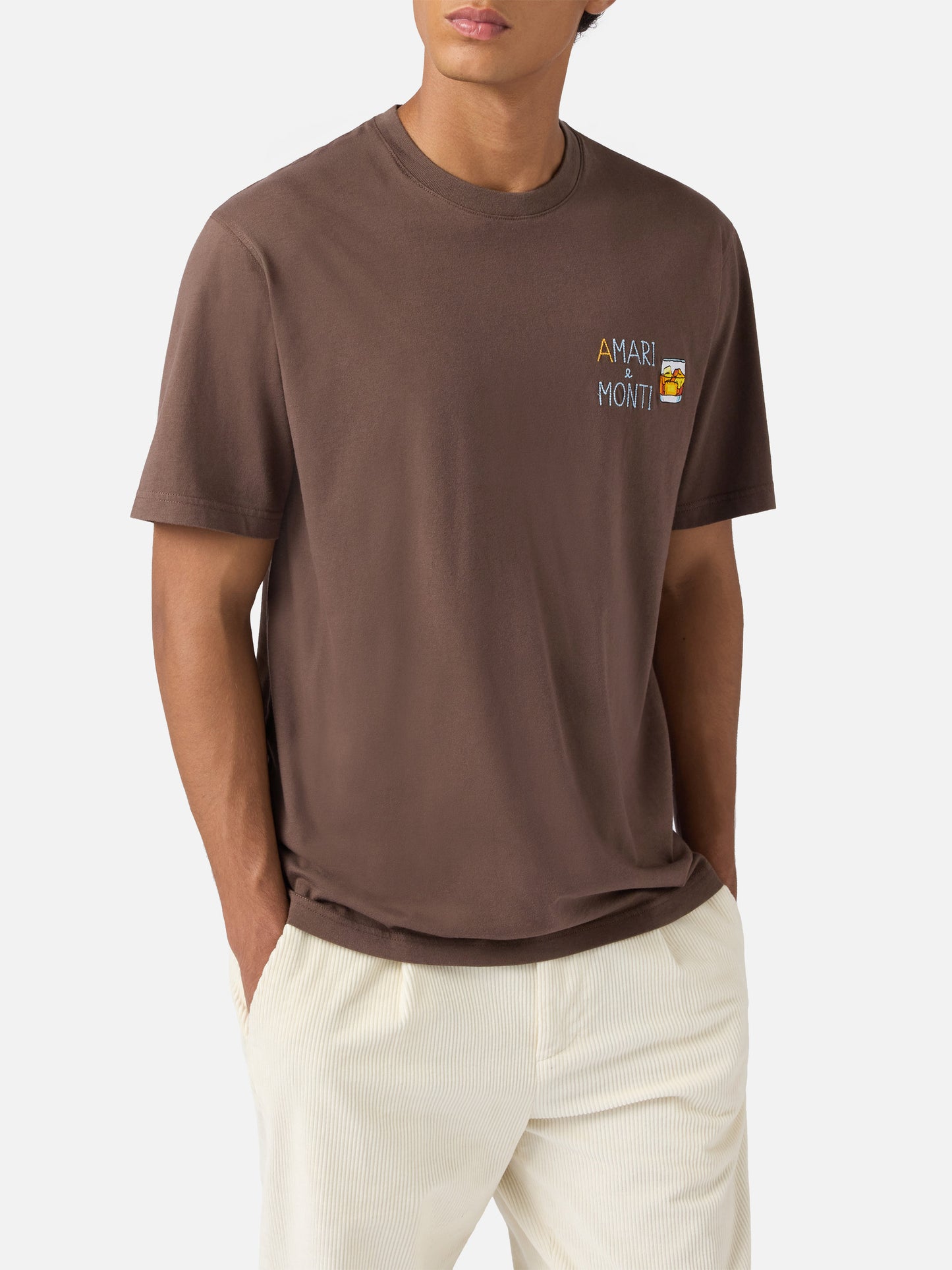 Arnott cotton T-shirt in brown with A mari e Monti embroidery