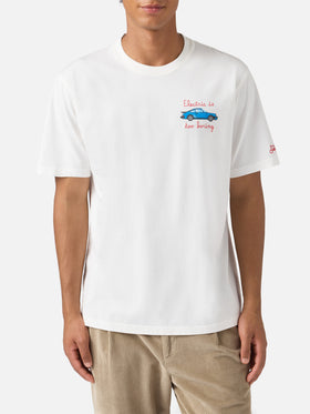 Arnott cotton T-shirt in white with car and Electric is too boring embroidery