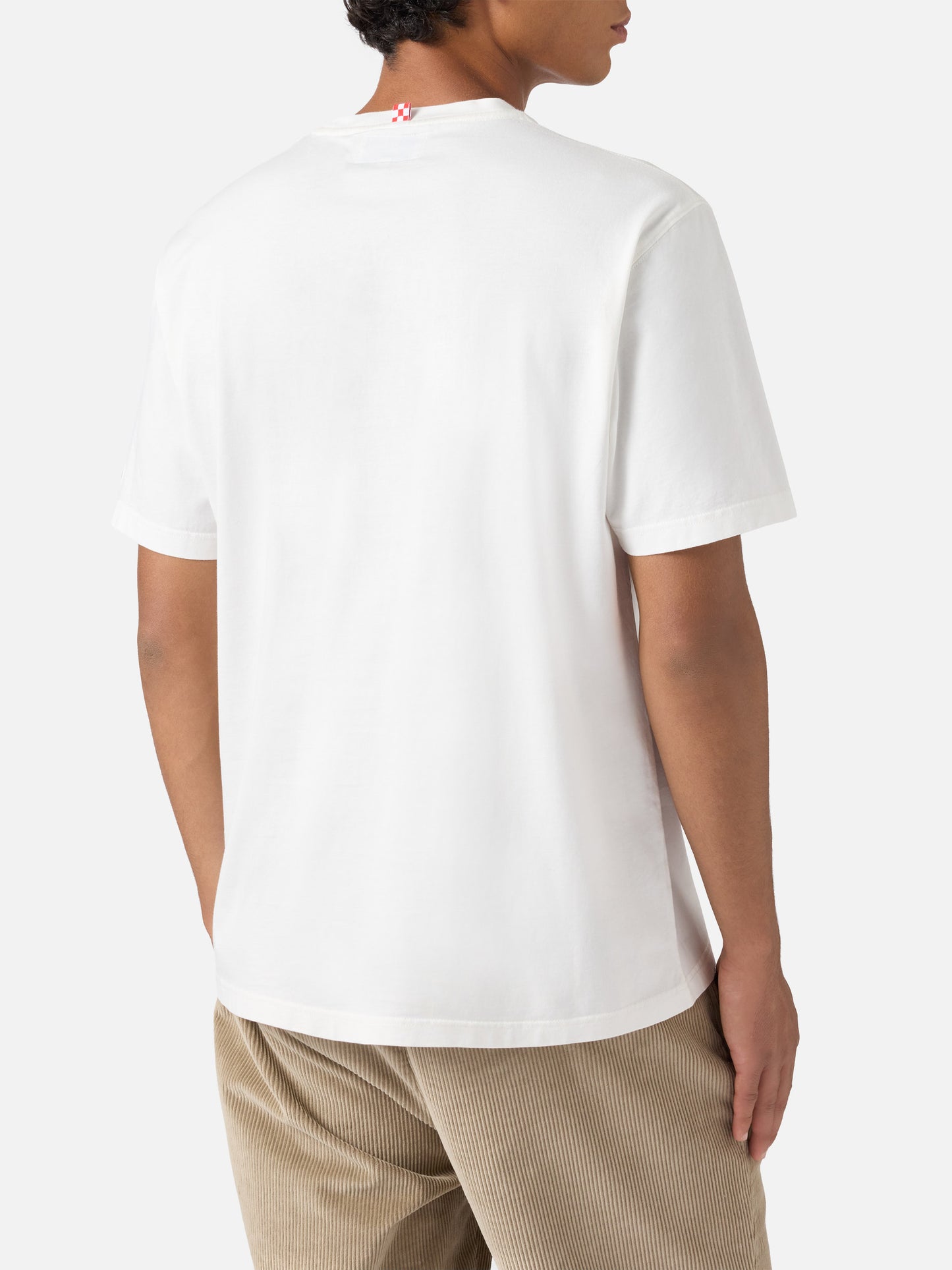 Arnott cotton T-shirt in white with car and Electric is too boring embroidery