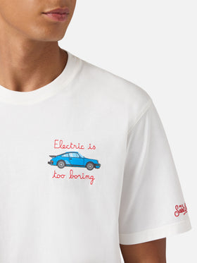 Arnott cotton T-shirt in white with car and Electric is too boring embroidery