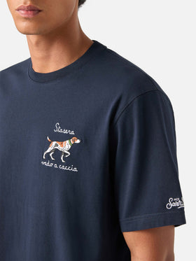 Marineblaues T-Shirt aus blue Arnott Baumwolle mit Stickerei eines Jagdhundes 