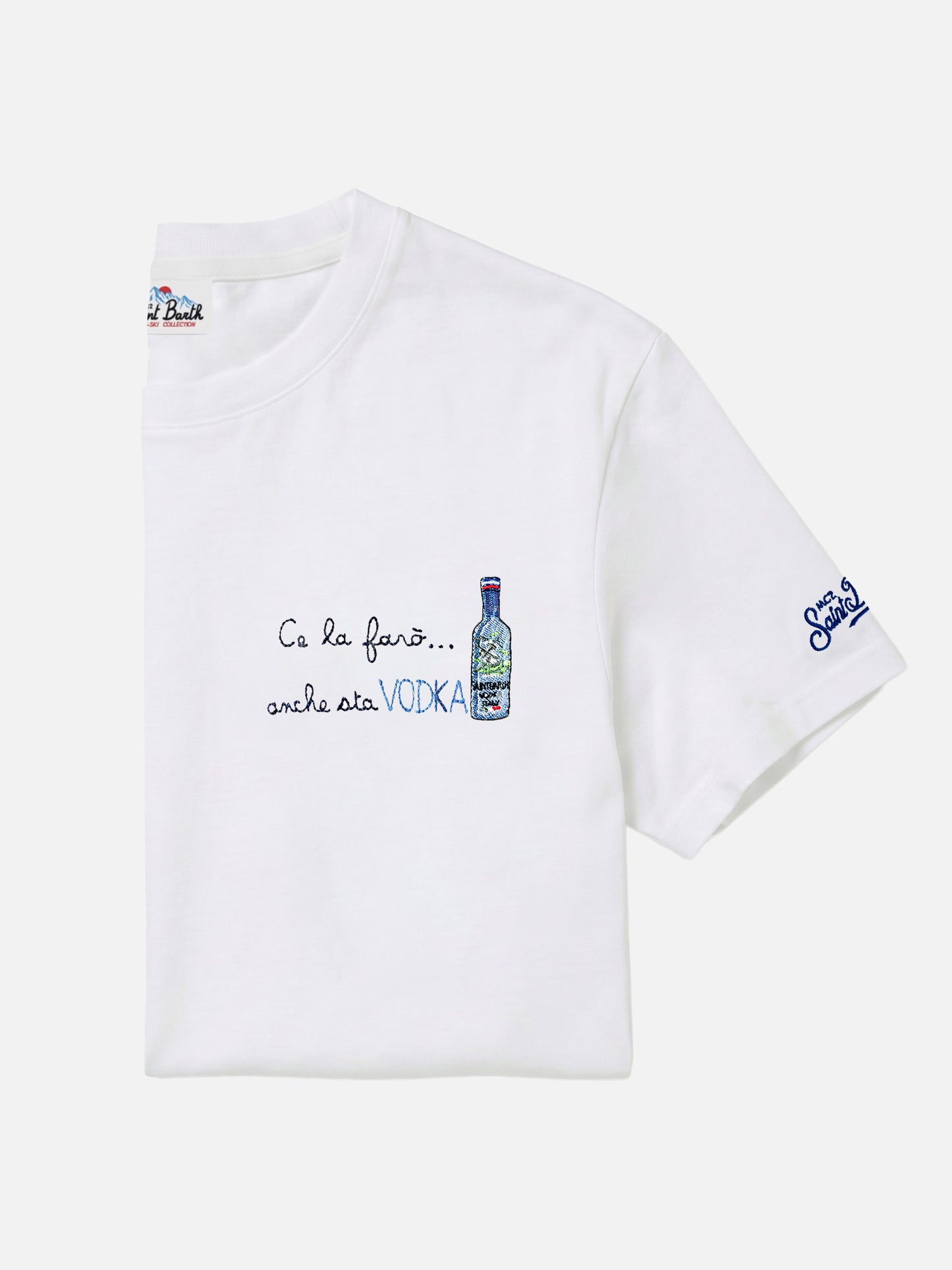 Arnott-Baumwoll-T-Shirt in Weiß mit „Ce la farò anche sta Vodka“-Stickerei