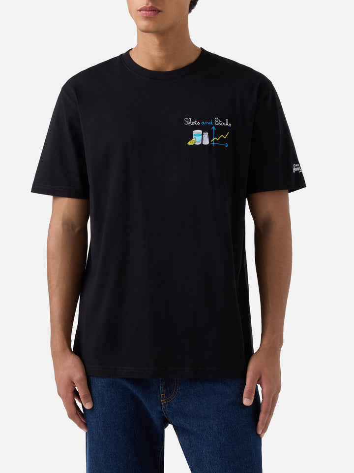 Black Arnott organic cotton t-shirt with Shots And Stocks embroidery