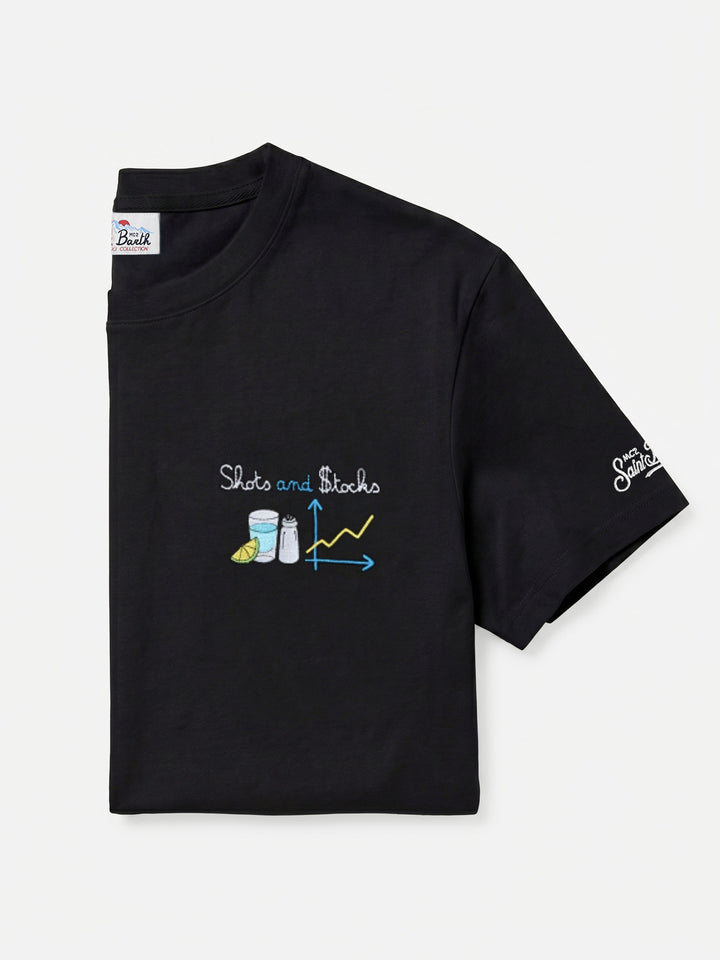 Black Arnott organic cotton t-shirt with Shots And Stocks embroidery