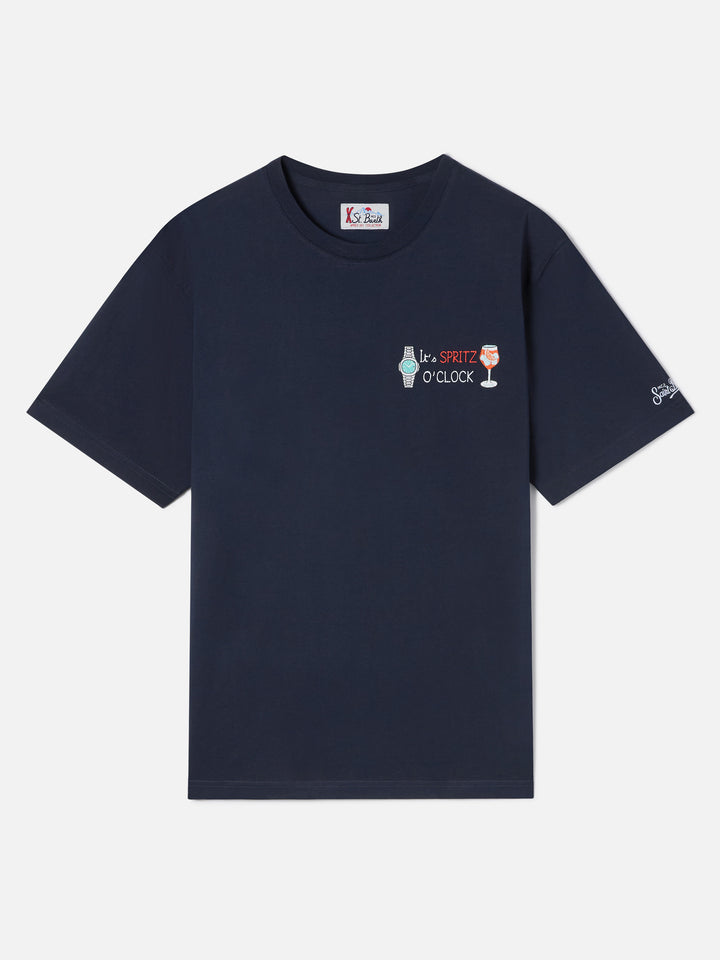 Navy blue Arnott cotton t-shirt with It's Spritz O'Clock embroidery