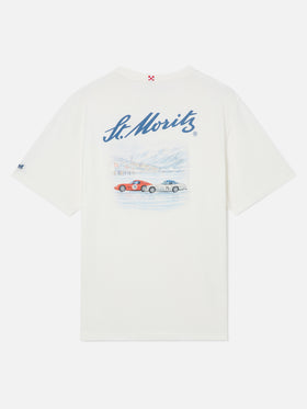 T-shirt Arnott Warm bianca in cotone organico con stampa St. Moritz sul retro | Special edition