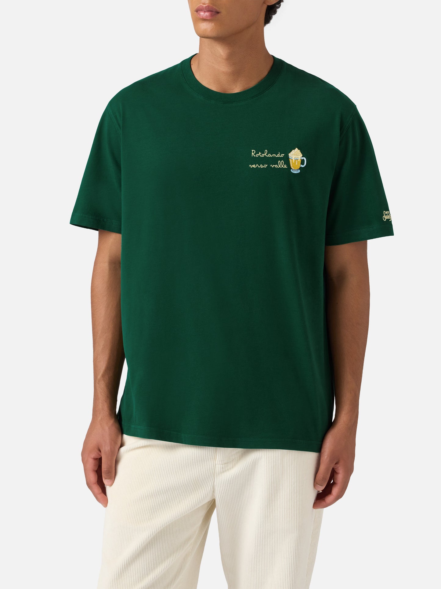 T-shirt Arnott warm touch in cotone verde con ricamo Rotolando verso valle