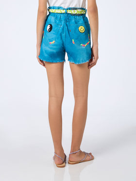 Woman upcycled turquoise denim shorts Arizona with embroidery - MC2 Saint Barth