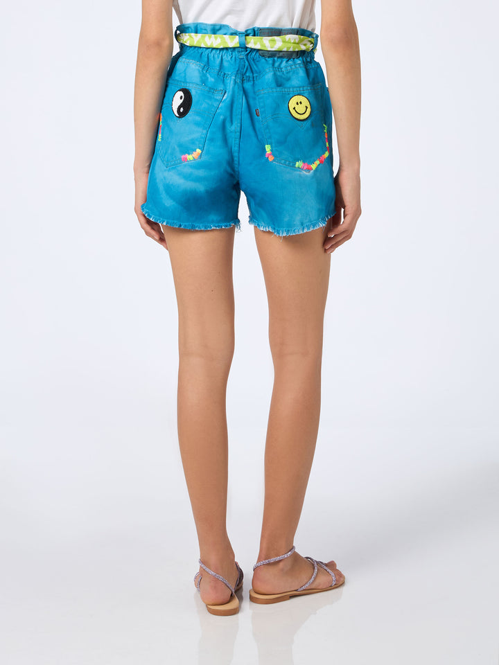 Woman upcycled turquoise denim shorts Arizona with embroidery - MC2 Saint Barth