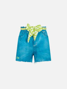 Woman upcycled turquoise denim shorts Arizona with embroidery - MC2 Saint Barth