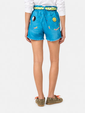 Short Arizona in denim turchese con ricami e applicazioni