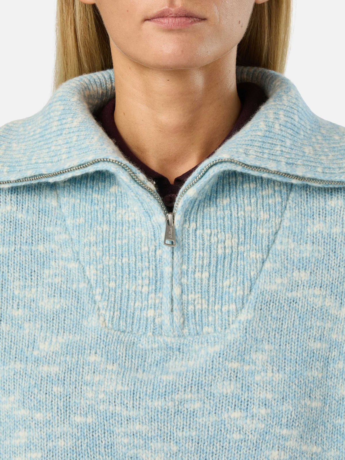 Leichter blue Augustine Wollstrickpullover mit Half-Zip und Logostickerei 