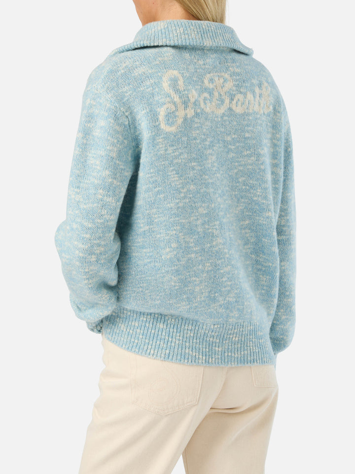 Jersey de lana Augustine blue ligero con media cremallera y bordado del logotipo 