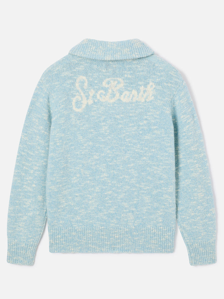 Maglia Augustine azzurra in lana con mezza zip e ricamo logo