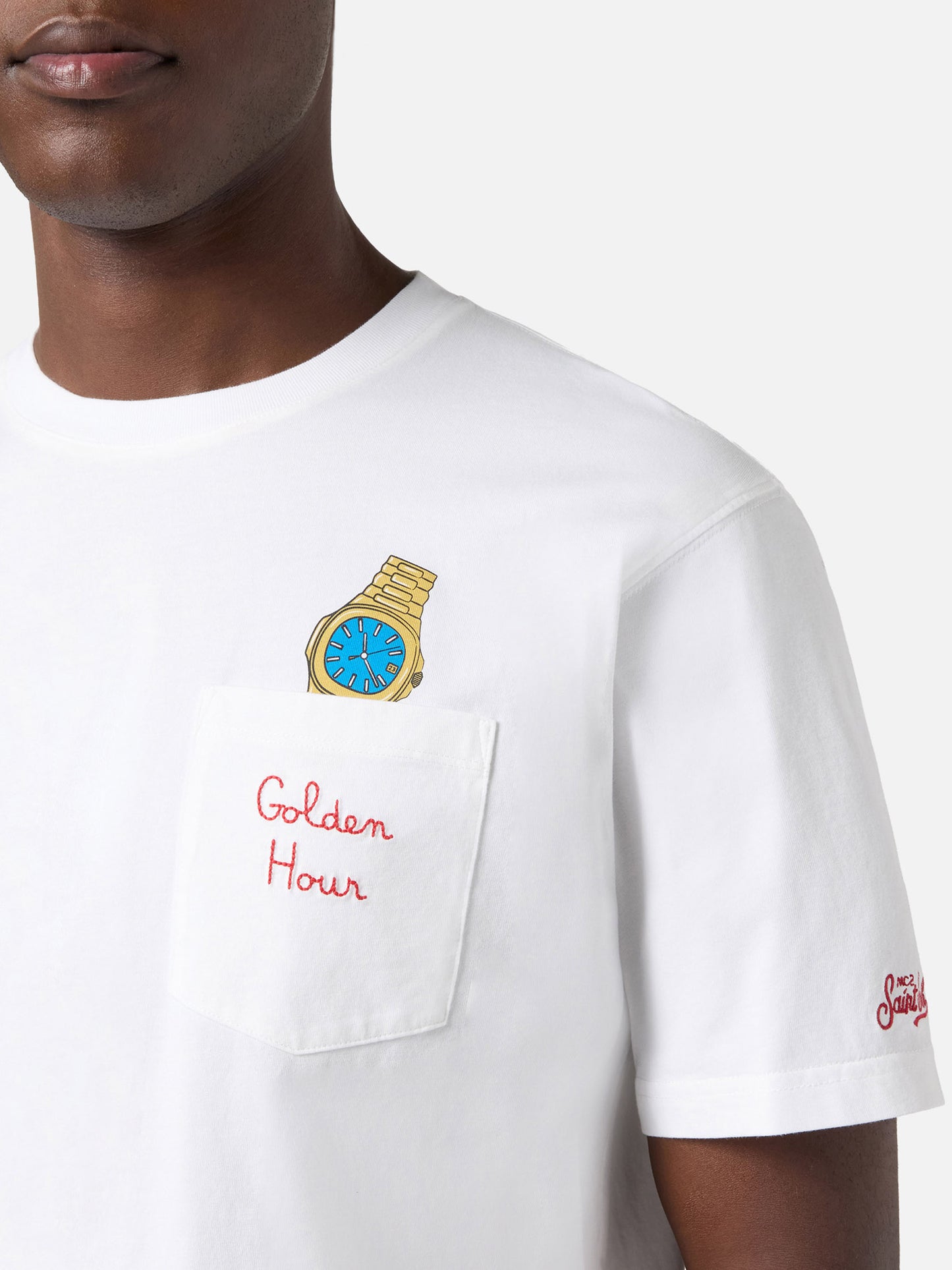 T-shirt Austin blanc avec montre et broderie Golden Hour 