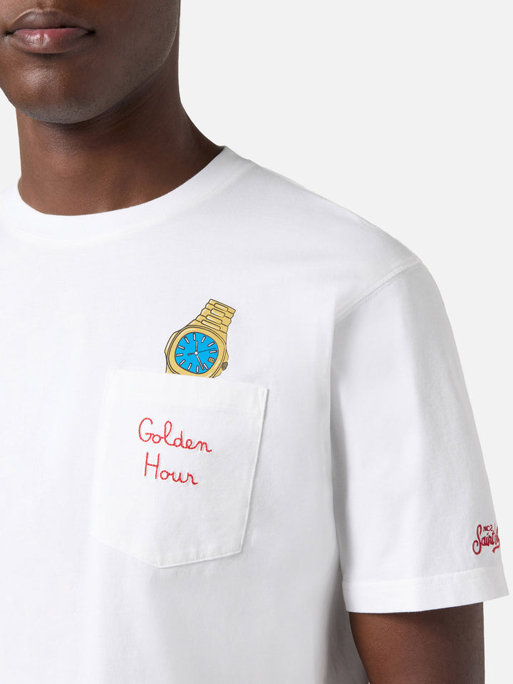 White Austin t-shirt with watch and Golden Hour embroidery
