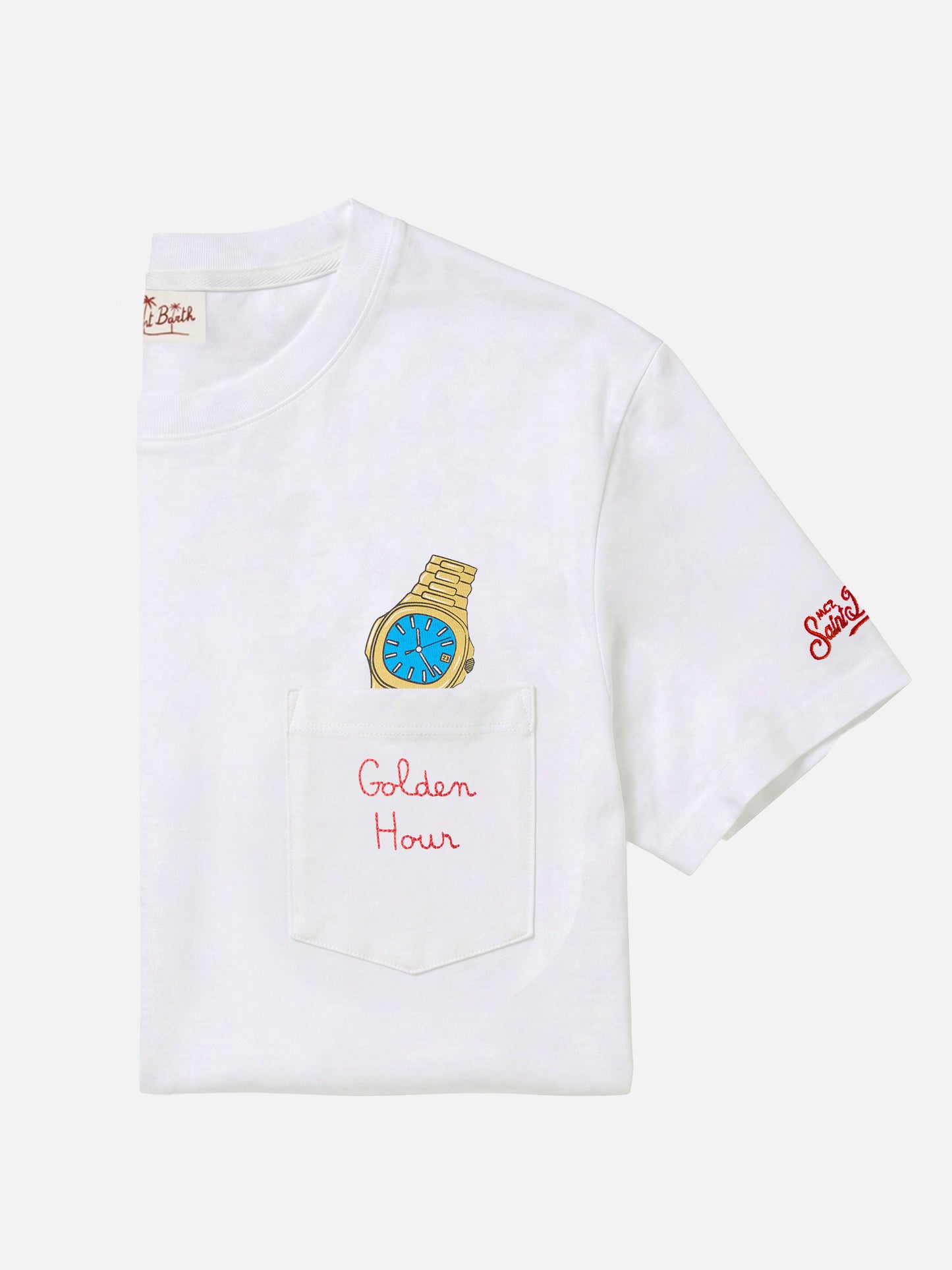 T-shirt Austin blanc avec montre et broderie Golden Hour 