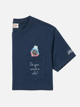 Blue Austin t-shirt with watch and Do You Want A Cola? embroidery