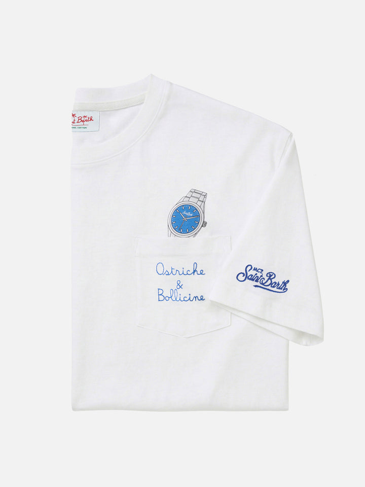 White Austin t-shirt with watch and Ostriche e Bollicine embroidery