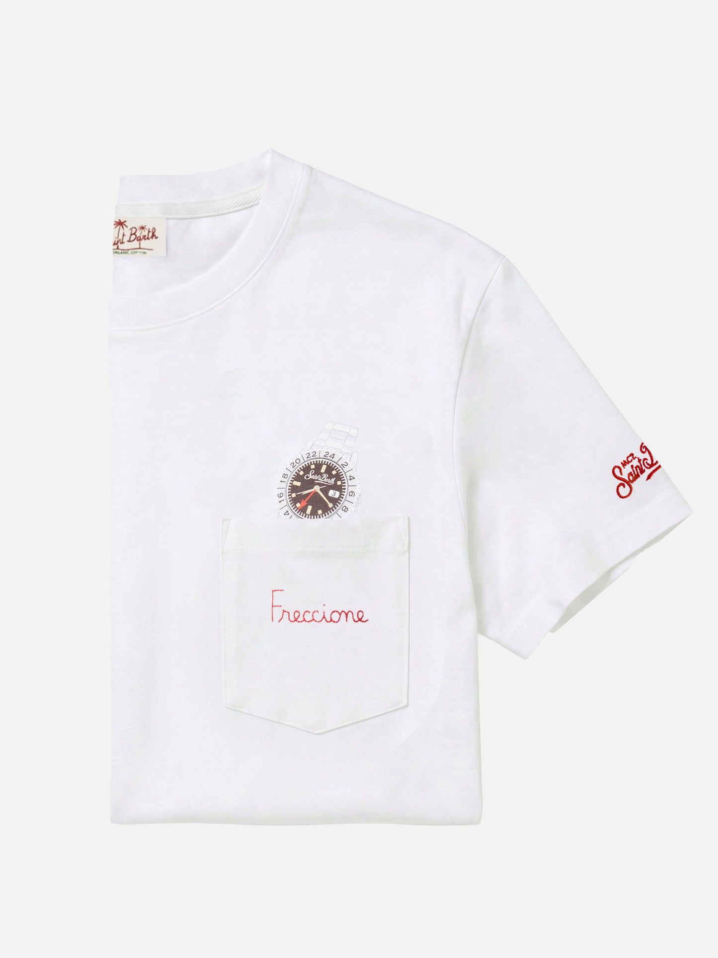 White Austin t-shirt with watch and Freccione embroidery