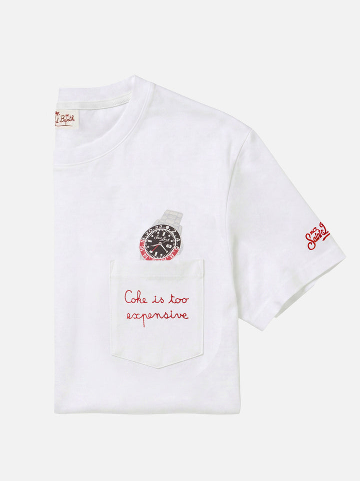 White Austin t-shirt with watch and Coke Is Too Expensive embroidery
