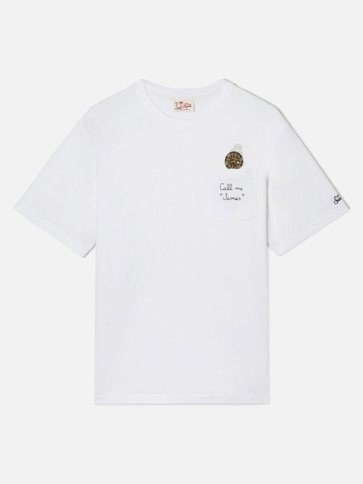 White Austin t-shirt with watch and Call Me James embroidery