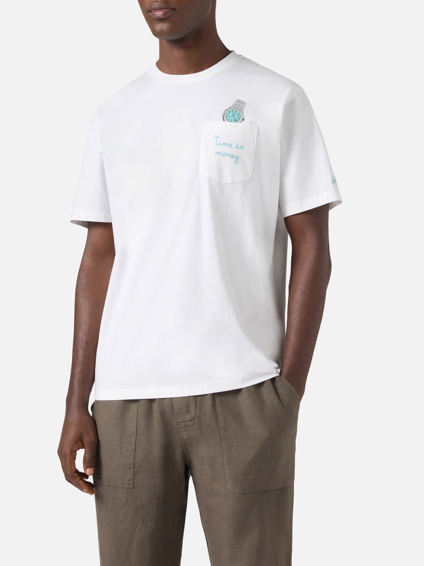 White Austin t-shirt with watch and Time Is Money embroidery
