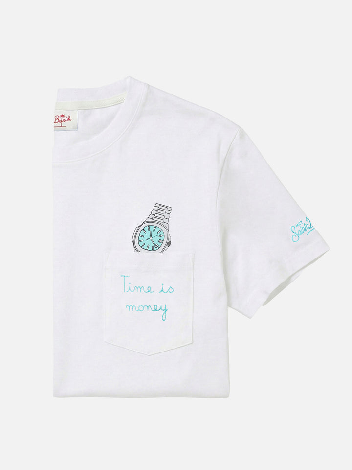 White Austin t-shirt with watch and Time Is Money embroidery