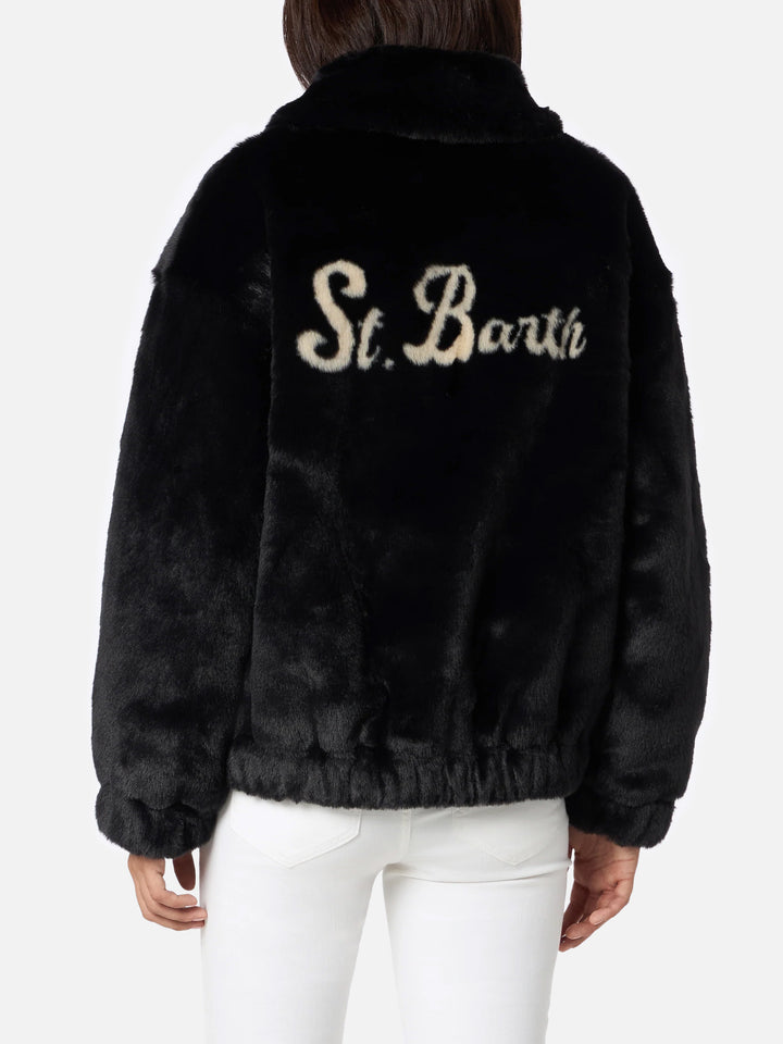 Woman furry bomber Abel with collar and Saint Barth print