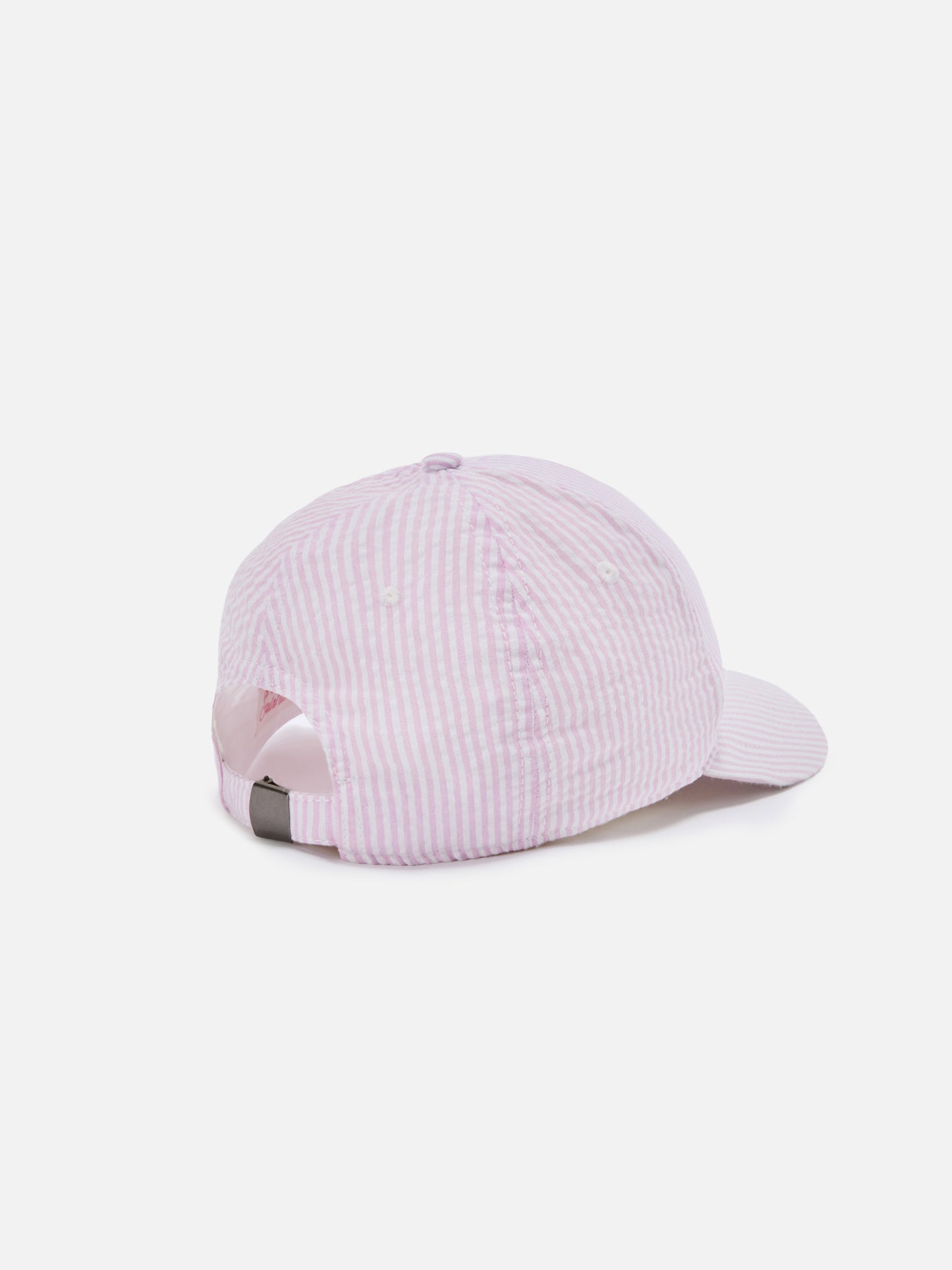 Cappellino Baseball con visiera in cotone seersucker a righe rosa e bianche