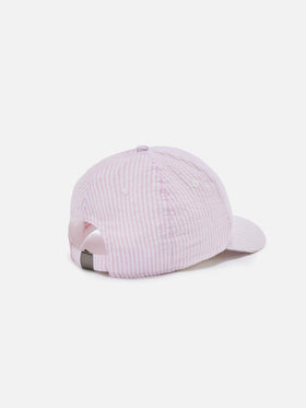 Cappellino Baseball con visiera in cotone seersucker a righe rosa e bianche