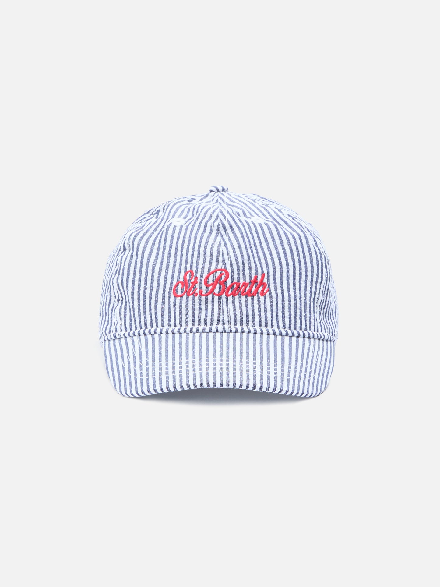 Casquette de baseball à visière en seersucker de coton à rayures bleues et blanches 