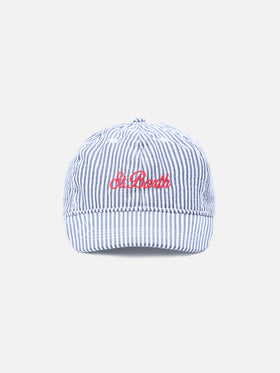 Casquette de baseball à visière en seersucker de coton à rayures bleues et blanches 