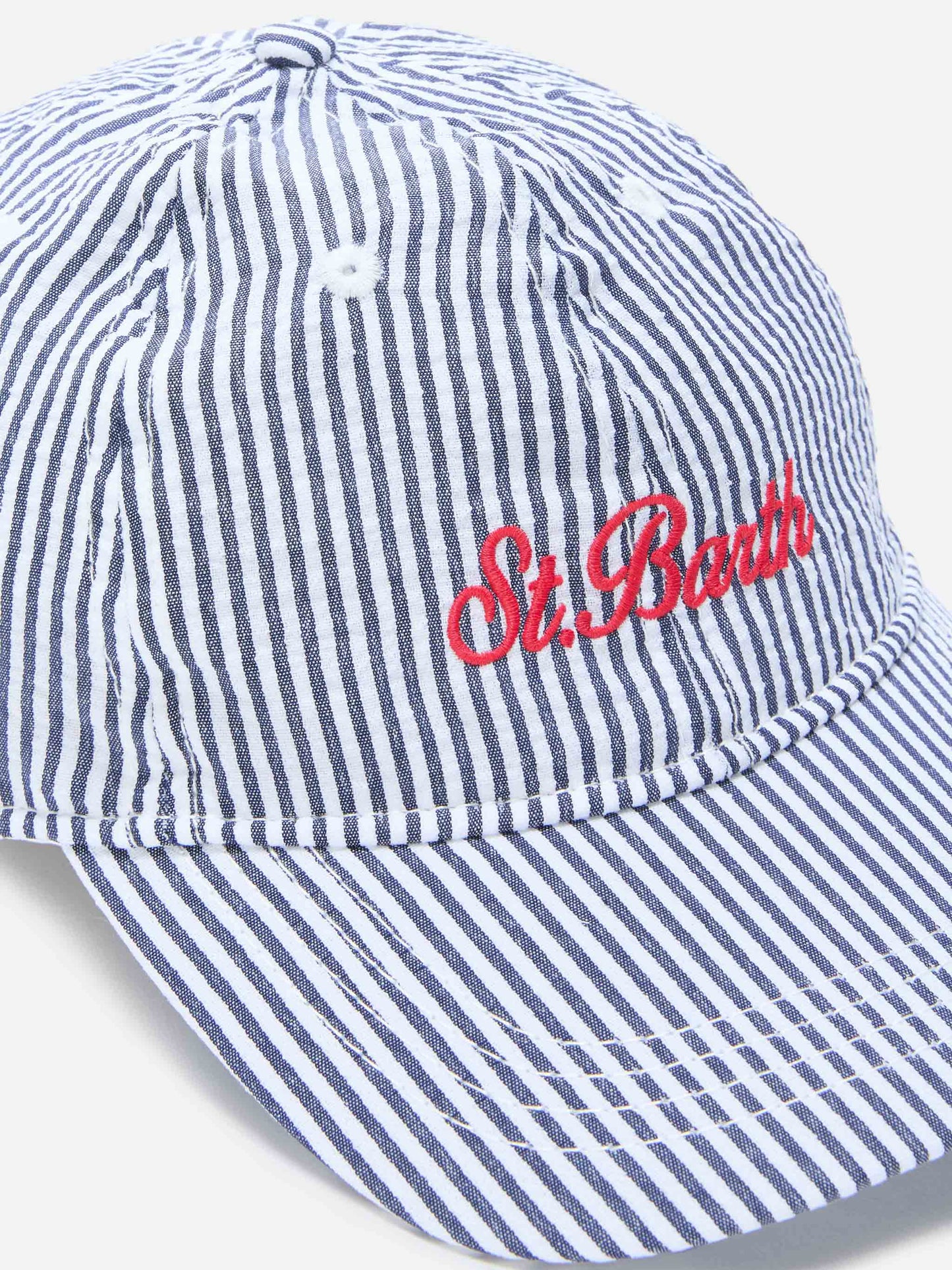 Casquette de baseball à visière en seersucker de coton à rayures bleues et blanches 