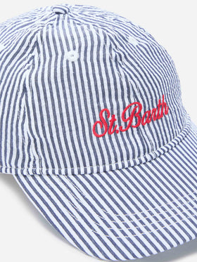 Casquette de baseball à visière en seersucker de coton à rayures bleues et blanches 
