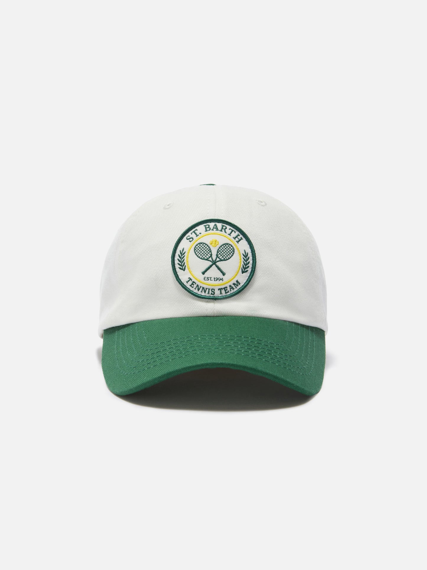 Casquette de baseball à visière en coton blanc et vert avec patch Tennis Team 