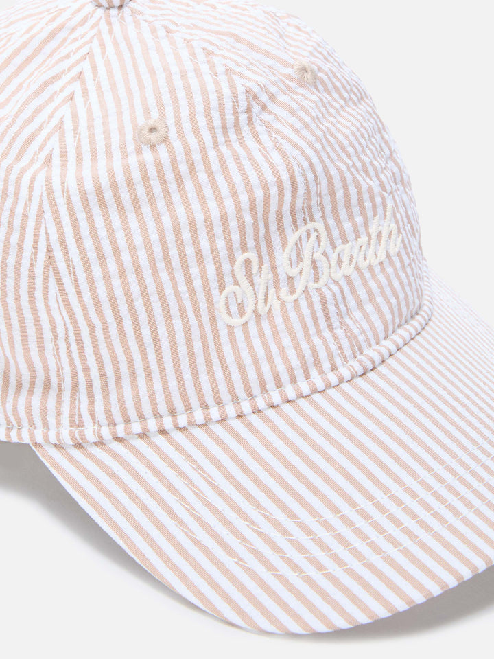 Cappellino Baseball con visiera in cotone seersucker a righe beige e bianche