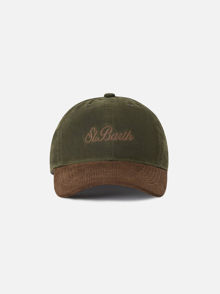 Military green Baseball waxed corduroy cap with logo embroidery