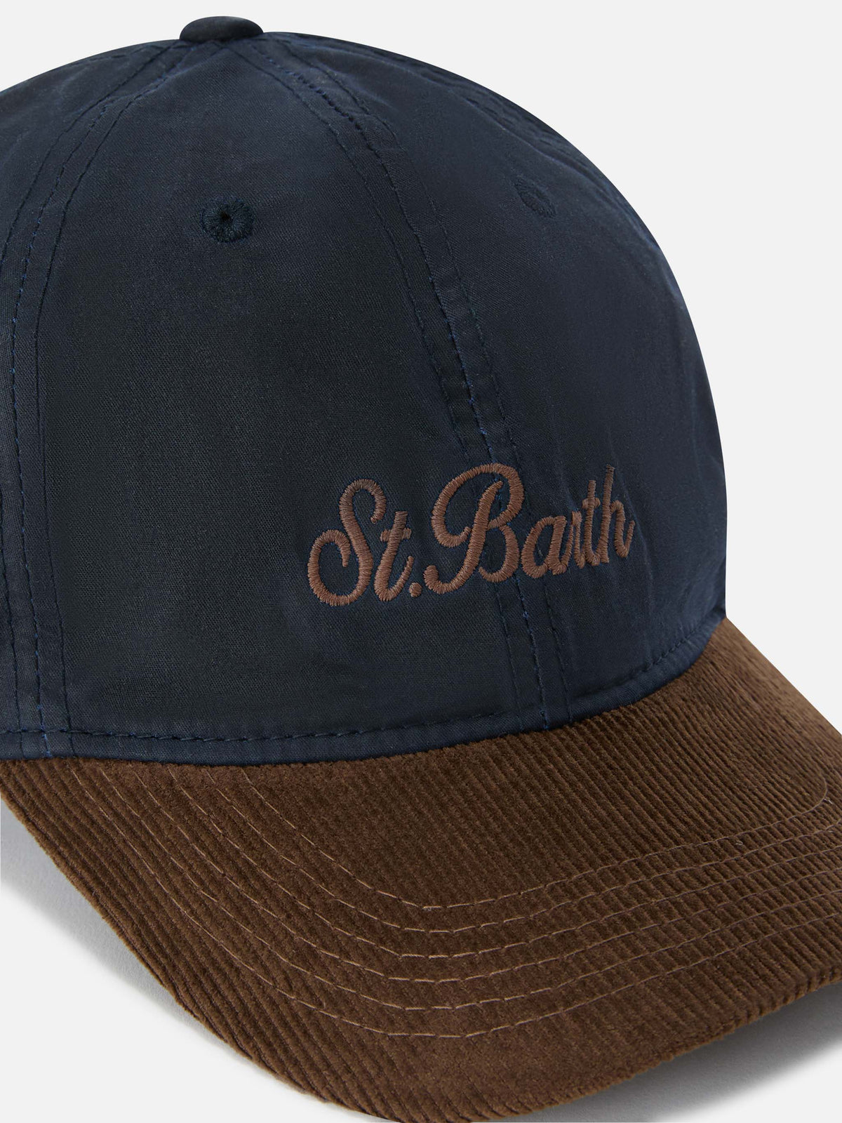 Marineblaue Kappe aus gewachstem Cord in blue Baseball mit Logostickerei 