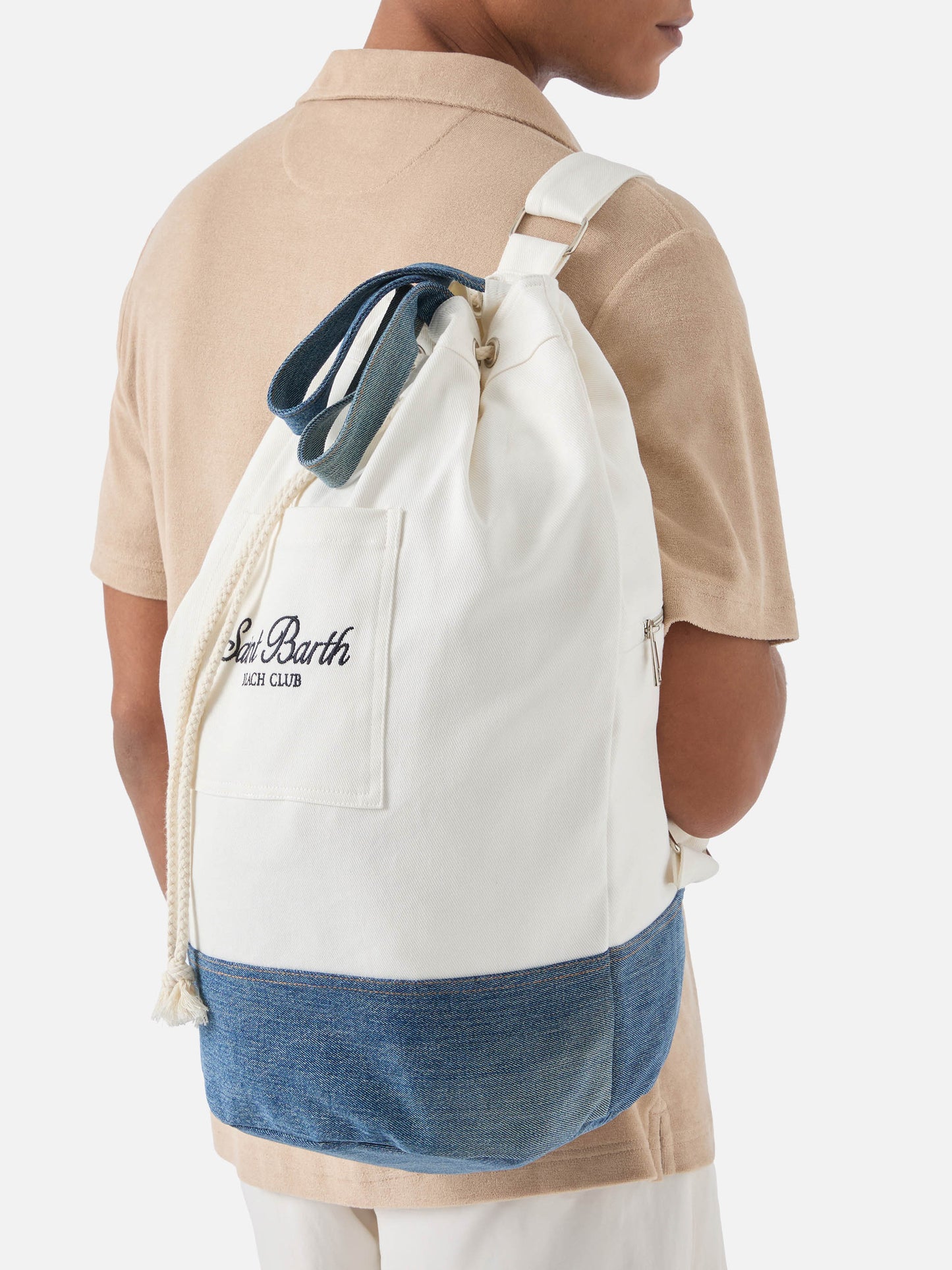 Beach Backpack in fabric white and light blue with embroidered logo