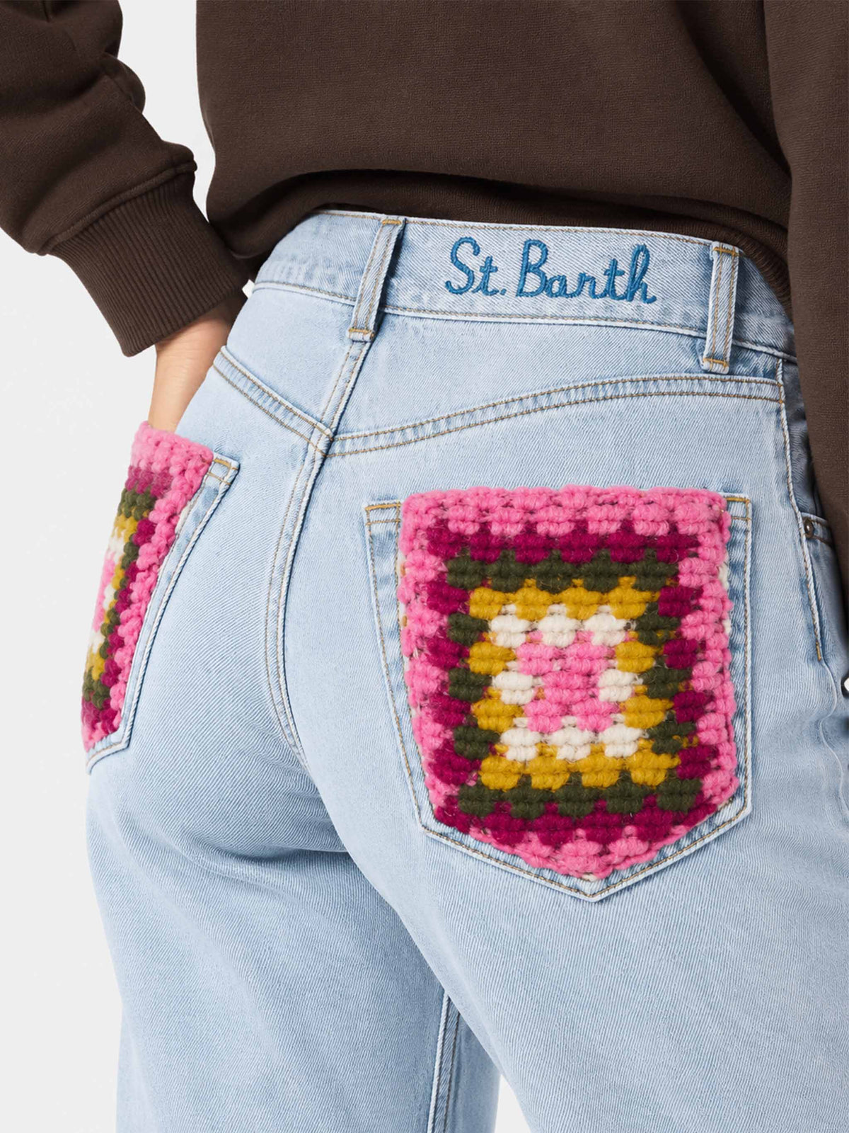 Belleville light blue denim jeans with crochet pockets