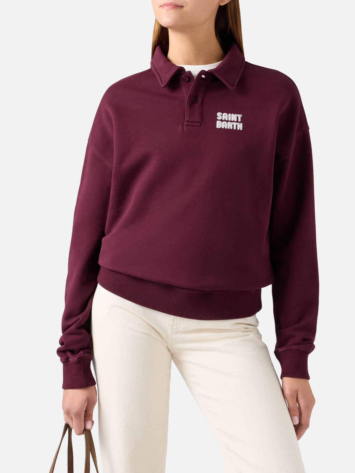 Bordeaux Berenice cotton polo shirt with Saint Barth flock print