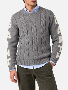 Bergen schwerer Zopfmuster-Pullover in Grau meliert 