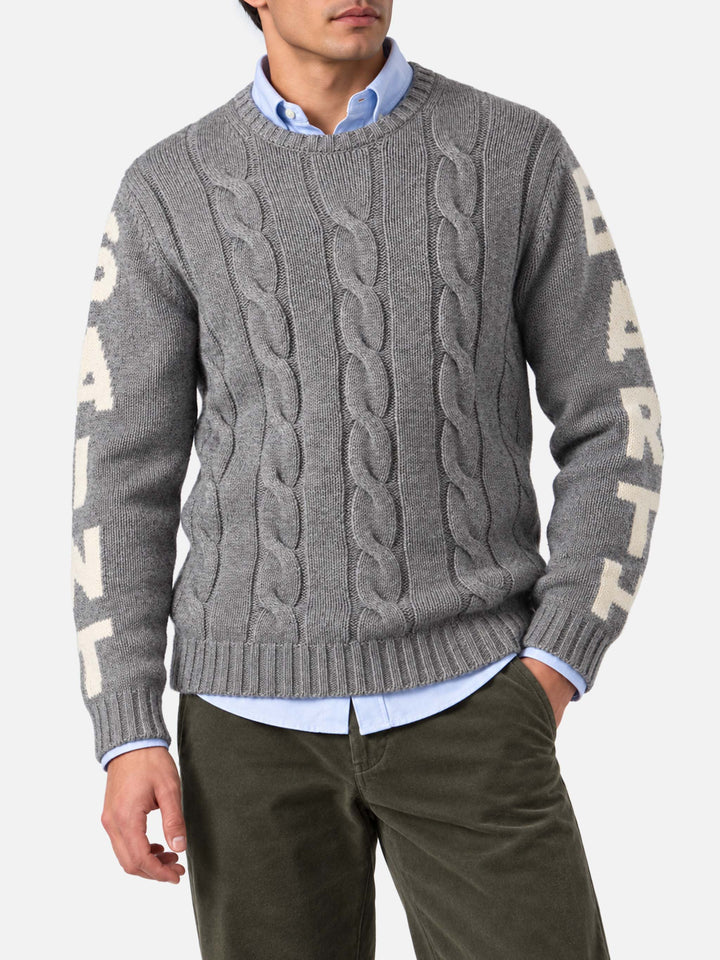 Maglia Bergen grigio melange a trecce con jacquard logo