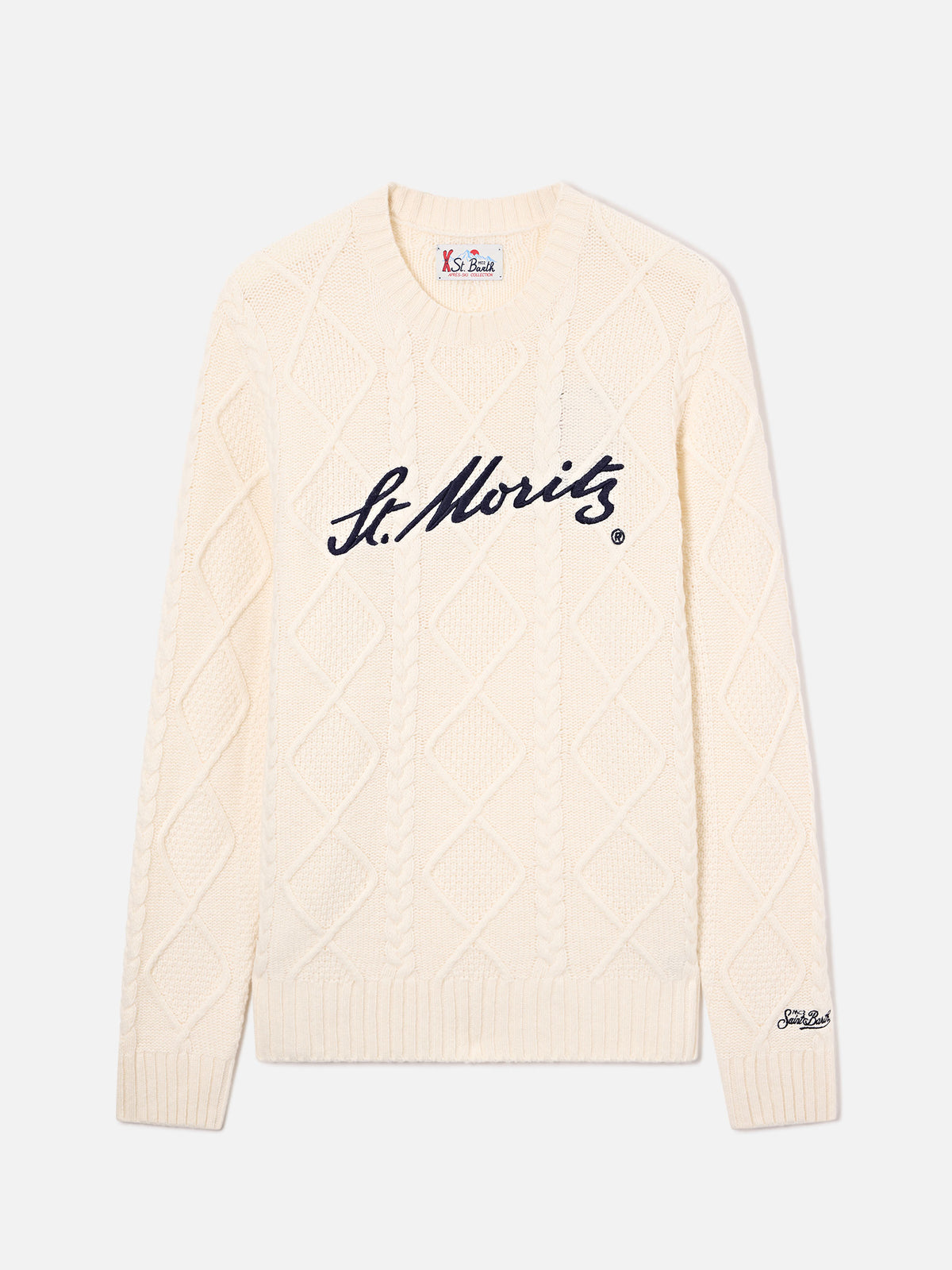 Cream Bergen cable knit crewneck with St. Moritz embroidery | Special edition