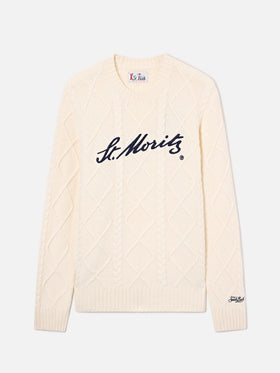Cream Bergen cable knit crewneck with St. Moritz embroidery | Special edition