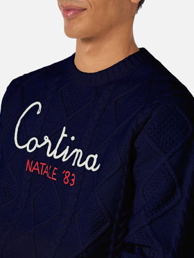 Maglione blu a girocollo Bergen Tricot con ricamo Cortina Natale '83